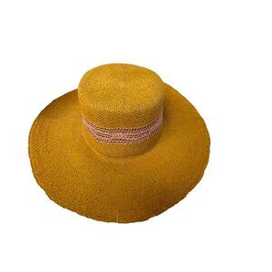 Universal Thread Womens Wide Brim Sun Hat Tan Pink Trim Adjustable Size SM 100 P